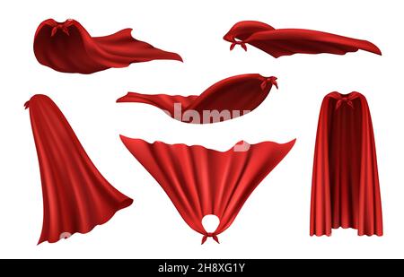Capo supereroi. Impermeabile rosso di moda da vestiti di seta tessile costumi con pieghe decente vettore immagini realistiche set Illustrazione Vettoriale