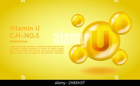 3D Vitamin Molecule U S-Metilmetionina design. Goccia di vitamina U S-metilmetionina realistica. Illustrazione di un complesso nutrizionale giallo. Illustrazione Vettoriale