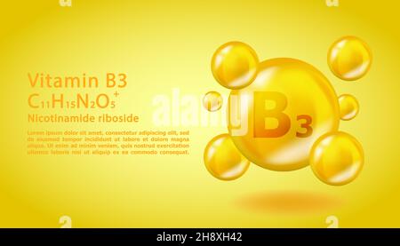 3D Vitamin Molecule B3 Niacin design. Gocce di vitamina di Niacina B3 realistiche. Illustrazione di un complesso nutrizionale giallo. Illustrazione Vettoriale