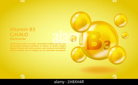 3D Vitamin Molecule B3 design niacinamide. Gocce di vitamina di niacinamide B3 realistiche. Illustrazione di un complesso nutrizionale giallo. Illustrazione Vettoriale