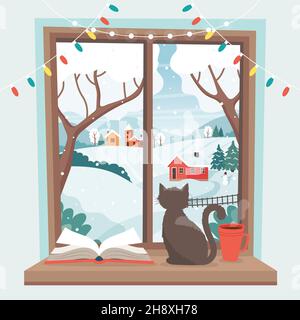 Finestra invernale - un gatto seduto sul davanzale con paesaggio invernale. Carino e accogliente illustrazione vettoriale in stile piatto Illustrazione Vettoriale