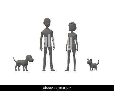 Illustrazione 3D. Silhouette grigie del proprietario: Ragazzo e ragazza con i loro animali: gatto e cane. Sfondo bianco. Foto Stock