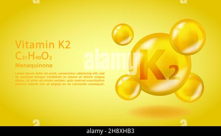 3D Vitamin Molecule K2 Menaquinone design. Realistico K2 Menaquinone goccia di vitamina. Illustrazione di un complesso nutrizionale giallo. Illustrazione Vettoriale