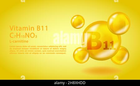 3D molecola di vitamina B11 L-carnitina disegno. Realistico B11 L-carnitina goccia di vitamina. Illustrazione di un complesso nutrizionale giallo. Illustrazione Vettoriale