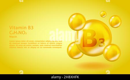 3D Vitamin Molecule B3 Niacin design. Gocce di vitamina di Niacina B3 realistiche. Illustrazione di un complesso nutrizionale giallo. Illustrazione Vettoriale