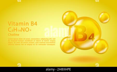 3D Vitamin Molecule B4 Choline design. Goccia di vitamina B4 colina realistica. Illustrazione di un complesso nutrizionale giallo. Illustrazione Vettoriale