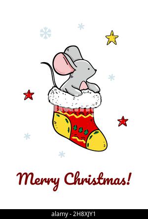 Biglietto di auguri per buon Natale e buon anno verticale con un mouse carino. Illustrazione vettoriale disegnata a mano Illustrazione Vettoriale