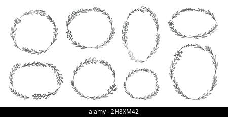 Set di cornici floreali. Elementi vegetali come fiore, foglia, erba, fiore. Illustrazione vettoriale disegnata a mano Illustrazione Vettoriale