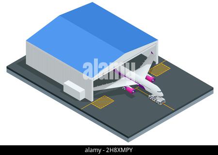 Velivolo isometrico da passeggeri per la manutenzione del motore e riparazione della fusoliera nell'hangar dell'aeroporto. Riparazione e manutenzione di parti meccaniche Illustrazione Vettoriale