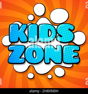 Banner zona bambini. Logo cartoon in stile comico retrò Illustrazione Vettoriale