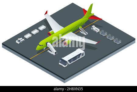 Aeroporto isometrico imbarco su aerei Airbus. Passeggeri aerei durante l'imbarco. Illustrazione Vettoriale