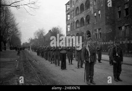 Szczecin, 1946-04-14. Œwiêto Pomorza Zachodniego w rocznicê zdobycia miasta przez Armiê Czerwon¹ - pod has³em: Trzymamy stra¿ nad Odr¹. NZ. Sztafety harcerskie z Gdañska i Jeleniej Góry. po/gr PAP/W³adys³aw Forbert Szczecin, 14 aprile 1946. Giornata della Pomerania Occidentale in occasione dell'anniversario della cattura della città da parte dell'Armata Rossa - sotto lo slogan: Siamo in guardia sul fiume Oder. Nella foto: scout relè da Gdansk e Jelenia Gora. po/gr PAP/Wladyslaw Forbert Foto Stock