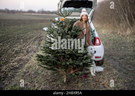 Donna con albero di Natale e cane vicino auto sulla natura Foto Stock