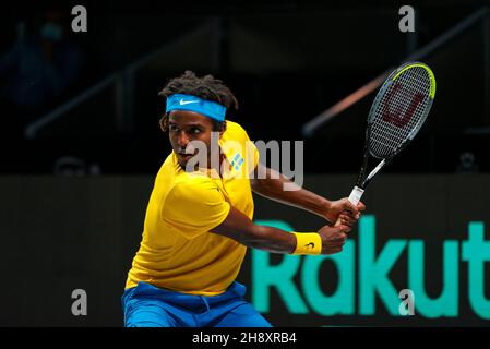 Madrid Arena, Casa de campo, Madrid, Spagna. 2 dicembre 2021. Davis Cup Tennis: TENNIS RUSSO FEDERAZIONE contro SVEZIA - singoli - Andrey Rublev (RTF) contro Elias Ymer (SWE). Elias Ymer (SWE) nella foto. Madrid Arena, Casa de campo, Madrid, Spagna. Credit: EnriquePSans/Alamy Live News Foto Stock