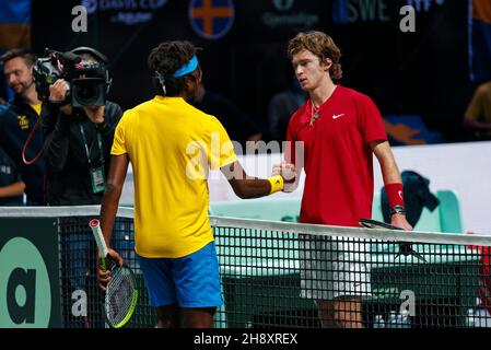 Madrid Arena, Casa de campo, Madrid, Spagna. 2 dicembre 2021. Davis Cup Tennis: TENNIS RUSSO FEDERAZIONE contro SVEZIA - singoli - Andrey Rublev (RTF) contro Elias Ymer (SWE). Madrid Arena, Casa de campo, Madrid, Spagna. Credit: EnriquePSans/Alamy Live News Foto Stock