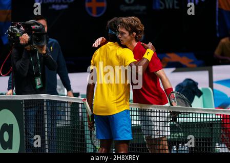 Madrid Arena, Casa de campo, Madrid, Spagna. 2 dicembre 2021. Davis Cup Tennis: TENNIS RUSSO FEDERAZIONE contro SVEZIA - singoli - Andrey Rublev (RTF) contro Elias Ymer (SWE). Madrid Arena, Casa de campo, Madrid, Spagna. Credit: EnriquePSans/Alamy Live News Foto Stock