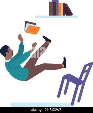 Uomo che cerca di ottenere il libro dalla mensola superiore e cadere giù dalla sedia. Illustrazione vettoriale Illustrazione Vettoriale