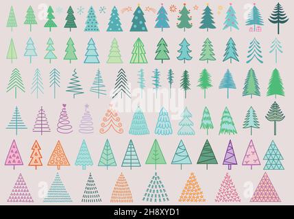 Colorati alberi di Natale disegnati a mano per semplici e moderni biglietti d'auguri, decorazione di vacanza, set di elementi vettoriali di design Illustrazione Vettoriale