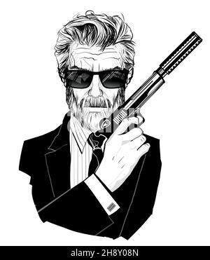 Agente segreto in tuta nera con pistola e silenziatore - illustrazione vettoriale Illustrazione Vettoriale