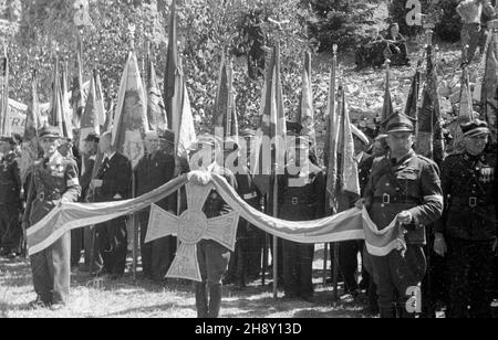 Góra Œwiêtej Anny ko³o Katowic, 1946-05-19. Obchody 25. Rocznicy III powstania œl¹skiego (mia³o na celu poprawê wyników plebiscytu na Œl¹sku, wybuch³o w nocy z 2 na 3 maja 1921, pod wodz¹ Wojciecha Korfantego). NZ. Delegacje powstañców ze sztandarami. po/ms PAP St. Anna montagna vicino Katowice, 19 maggio 1946. Il 25° anniversario del 3° Ulloding silesiano (con l'oggetto del miglioramento plebiscita in Slesia, scoppiato nella notte, 2 e 3 maggio 1921, guidato da Wojciech Korfanty). Nella foto: Delegazioni insorgenti con bandiere. po/ms PAP Foto Stock