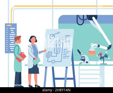 Scienziati che guardano al progetto. Persone che discutono esperimento di laboratorio chimico. Illustrazione vettoriale Illustrazione Vettoriale