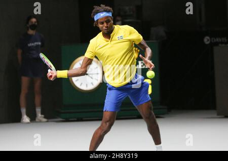 Madrid, Spagna, 2 dicembre 2021, Elias Ymer di Svezia durante la Coppa Davis 2021, Quarter Final, partita di tennis tra Russia e Svezia il 2 dicembre 2021 alla Madrid Arena di Madrid, Spagna - Photo Laurent Lairys / DPPI Foto Stock