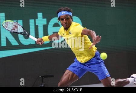 Madrid, Spagna, 2 dicembre 2021, Elias Ymer di Svezia durante la Coppa Davis 2021, Quarter Final, partita di tennis tra Russia e Svezia il 2 dicembre 2021 alla Madrid Arena di Madrid, Spagna - Photo Laurent Lairys / DPPI Foto Stock