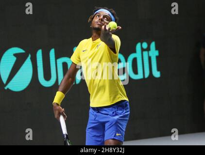 Madrid, Spagna, 2 dicembre 2021, Elias Ymer di Svezia durante la Coppa Davis 2021, Quarter Final, partita di tennis tra Russia e Svezia il 2 dicembre 2021 alla Madrid Arena di Madrid, Spagna - Photo Laurent Lairys / DPPI Foto Stock