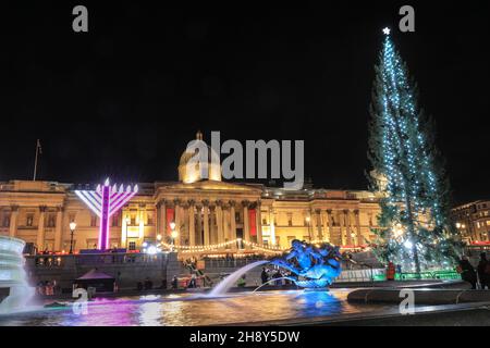 Westminster, Londra, 2 dicembre 2021. L'albero illuminato si erge alto, accanto a Trafalgar Square Menorah, fontane e Galleria Nazionale sullo sfondo. Le luci dell'albero di Natale di Trafalgar Square si accendono questa sera in una cerimonia tradizionale. L'albero alto 25 metri, di solito un abete norvegese, è un regalo dalla gente di Norvegia a Londra, grazie per il sostegno della Gran Bretagna nella seconda guerra mondiale Questa tradizione storica è avvenuta ogni anno dal 1947. Credit: Imagplotter/Alamy Live News Foto Stock