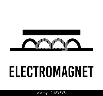 Componente elettronico elettromagnete, concetto di design piatto a icone vettoriali. Schema di fisica elettrica per l'istruzione. Nero su sfondo bianco. Illustrazione Vettoriale