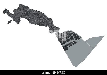 Mappa di Kawasaki. Mappa vettoriale dettagliata dell'area amministrativa della città di Kawasaki. Paesaggio urbano poster vista aria metropolitana. Terra nera con strade bianche, strade Illustrazione Vettoriale