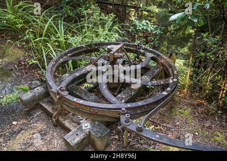 Attrezzatura mineraria abbandonata, pista da passeggio per miniere d'oro di te Aroha Mountain, Nuova Zelanda Foto Stock