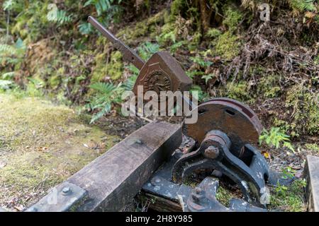 Attrezzatura mineraria abbandonata, pista da passeggio per miniere d'oro di te Aroha Mountain, Nuova Zelanda Foto Stock