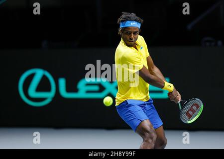 Elias Ymer di Svezia durante la Coppa Davis 2021, Quarter Final, partita di tennis tra Russia e Svezia il 2 dicembre 2021 alla Madrid Arena di Madrid, Spagna - Foto: Oscar Barroso/DPPI/LiveMedia Foto Stock