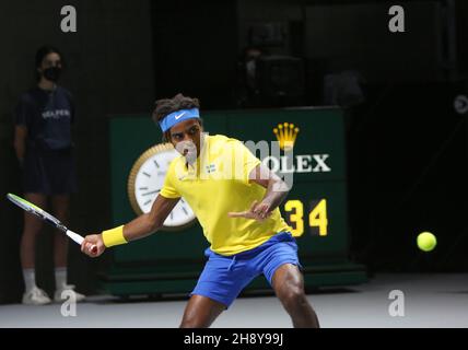 Elias Ymer di Svezia durante la Coppa Davis 2021, Quarter Final, partita di tennis tra Russia e Svezia il 2 dicembre 2021 alla Madrid Arena di Madrid, Spagna - Foto: Laurent Lairys/DPPI/LiveMedia Foto Stock