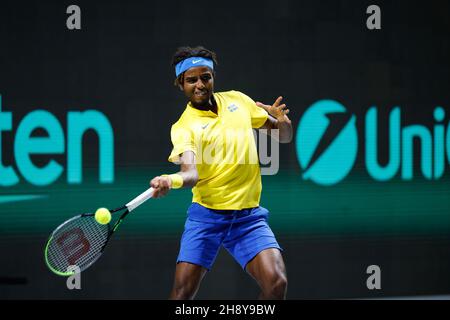 Elias Ymer di Svezia durante la Coppa Davis 2021, Quarter Final, partita di tennis tra Russia e Svezia il 2 dicembre 2021 alla Madrid Arena di Madrid, Spagna - Foto: Oscar Barroso/DPPI/LiveMedia Foto Stock