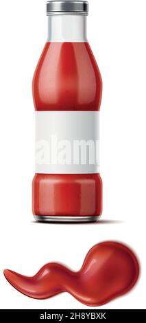 Salsa rossa in bottiglia di vetro mockup con versamento. Modello realistico vuoto isolato su sfondo bianco Illustrazione Vettoriale