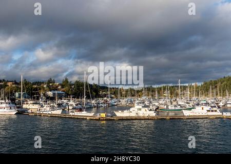 Friday Harbor, WA USA - circa Novembre 2021: Vista dello splendido Friday Harbor da un traghetto dello stato di Washington in una giornata soleggiata e nuvolosa Foto Stock