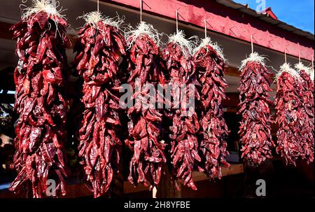 Mazzi di peperoncini rossi con corde, chiamati Ristras, per la vendita in uno stand di produzione rurale a Velarde, New Mexico. Foto Stock