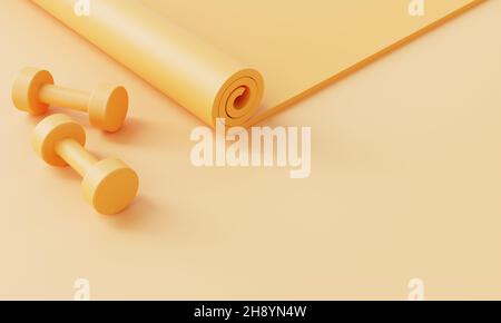 Set di accessori sportivi per il fitness con materassino yoga e manubri su sfondo giallo pastello. Fitness e sport concetto oggetto. Monocolore. Ren. Illustrazione 3D Foto Stock