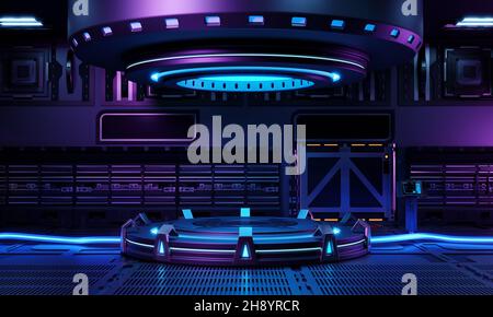 All'interno dell'architettura interna del laboratorio astronave e podio vuoto per la presentazione dei prodotti Cyberpunk. Tecnologia e concetto Sci-fi. Illustrazione 3D Foto Stock