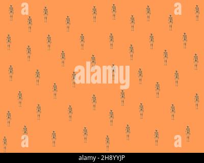 Illustrazione 3D. Sfondo arancione con silhouette di scheletro umano scuro. Motivo festivo di Halloween. Disegno della carta da imballaggio. Foto Stock