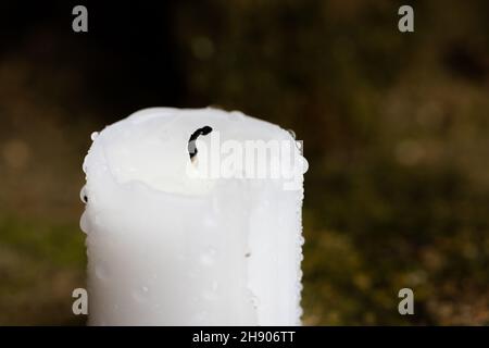 Una candela spenta dopo la pioggia. Stoppino nero e gocce d'acqua sulla cera. Vista frontale. Foto Stock