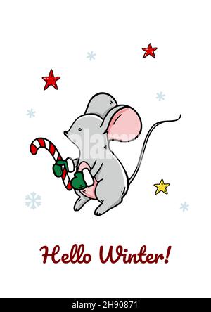 Biglietto di auguri per buon Natale e buon anno verticale con un mouse carino. Illustrazione vettoriale disegnata a mano Illustrazione Vettoriale