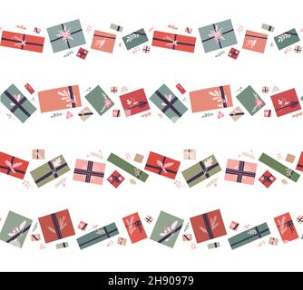 Set vettoriale di confine vacanza senza giunture con scatole regalo Hygge con nastri e decorazioni di rami. Collezione con fregio di regali in colori pastello Illustrazione Vettoriale
