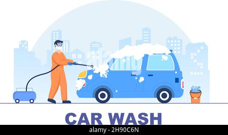 Illustrazione del disegno del piano di servizio di lavaggio dell'automobile. Lavoratori Lavaggio Automobile utilizzando spugne sapone e acqua per sfondo, poster o banner Illustrazione Vettoriale