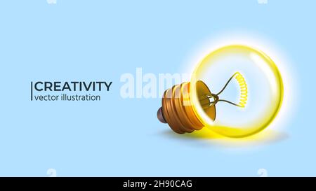 Idea creativa e innovazione concettuale con lampadina a incandescenza su sfondo azzurro. Idea di concetto minima. Illustrazione vettoriale realistica del disegno 3d Illustrazione Vettoriale