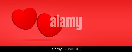 Banner minimo due cuori rossi. Bella 2 cuore 3D forma in rosso sfondo orizzontale. Design minimalista. Matrimoni, San Valentino. Foto Stock