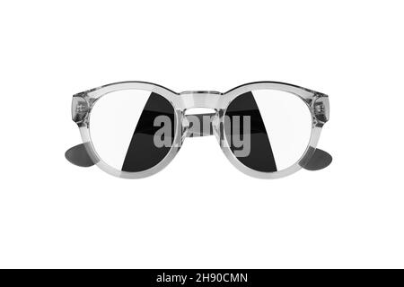 Occhiali da sole bianchi e neri fondo bianco isolato primo piano, specchio monocromatico, occhiali da sole uomo o donna, occhiali da vista maschio o femmina, accessorio Foto Stock