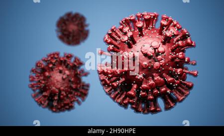 Illustrazione 3D di cellule di Coronavirus rosso Covid-19, visualizzazione del modello sars-COV-2 su sfondo blu Foto Stock